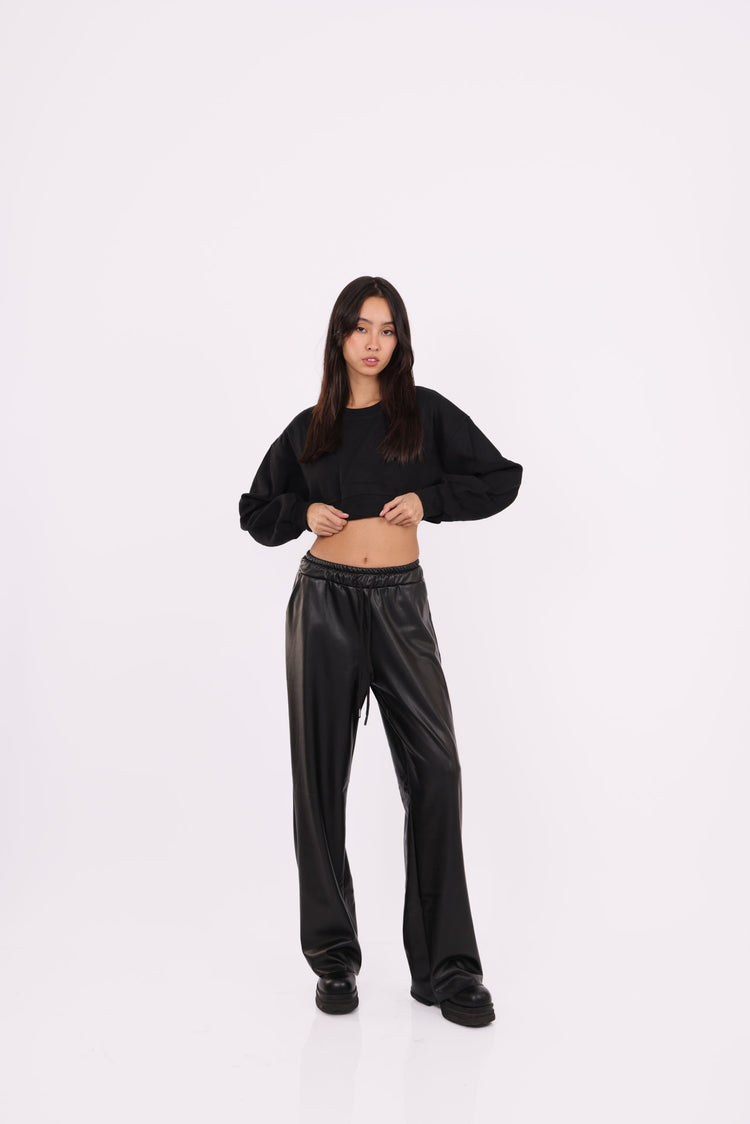 LEATHER WIDE-LEG PANTS