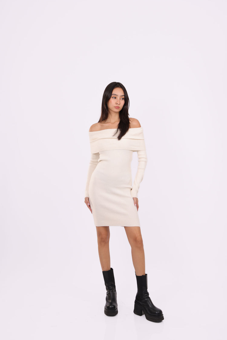 OFF-SHOULDER KNIT MIDI DRESS