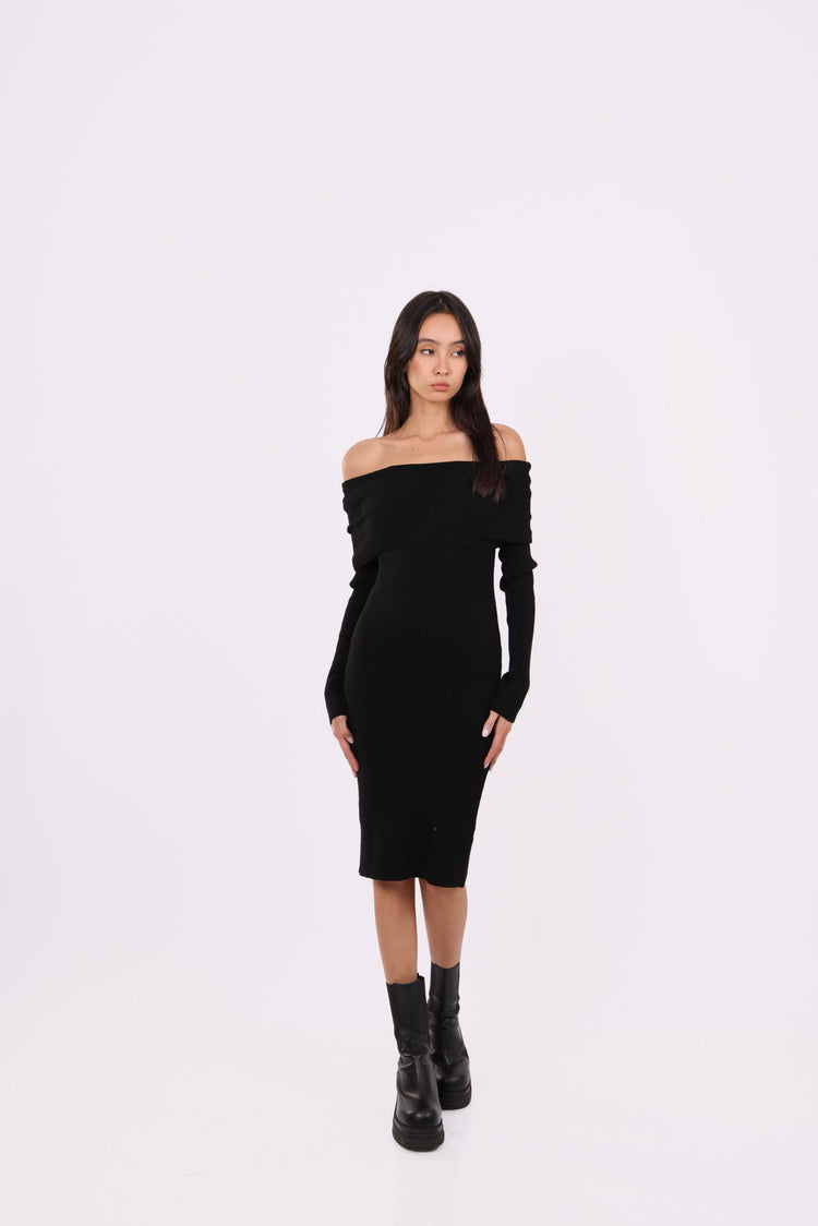 OFF-SHOULDER KNIT MIDI DRESS