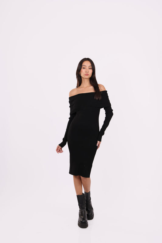 OFF-SHOULDER KNIT MIDI DRESS