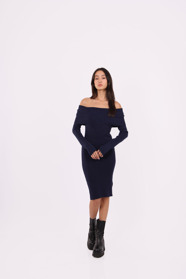 OFF-SHOULDER KNIT MIDI DRESS