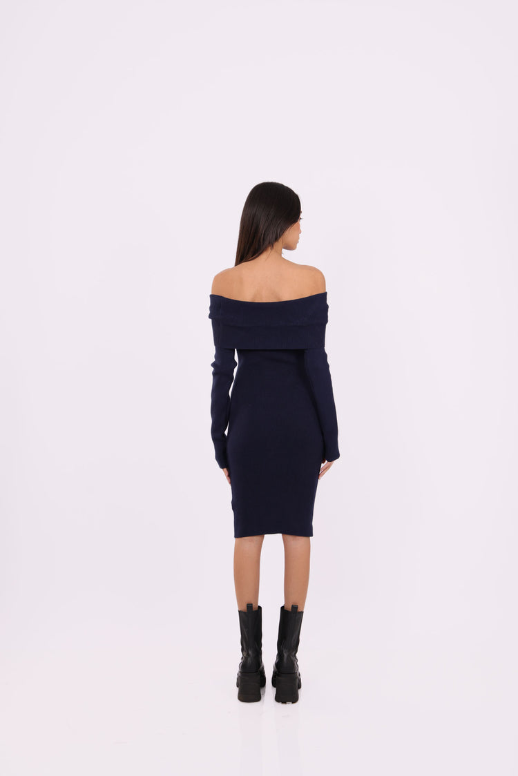 OFF-SHOULDER KNIT MIDI DRESS