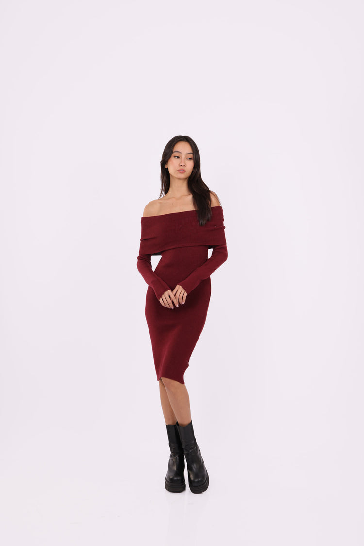 OFF-SHOULDER KNIT MIDI DRESS