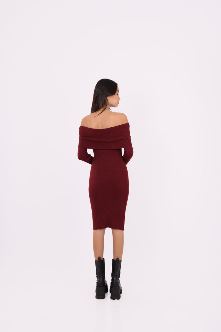 OFF-SHOULDER KNIT MIDI DRESS