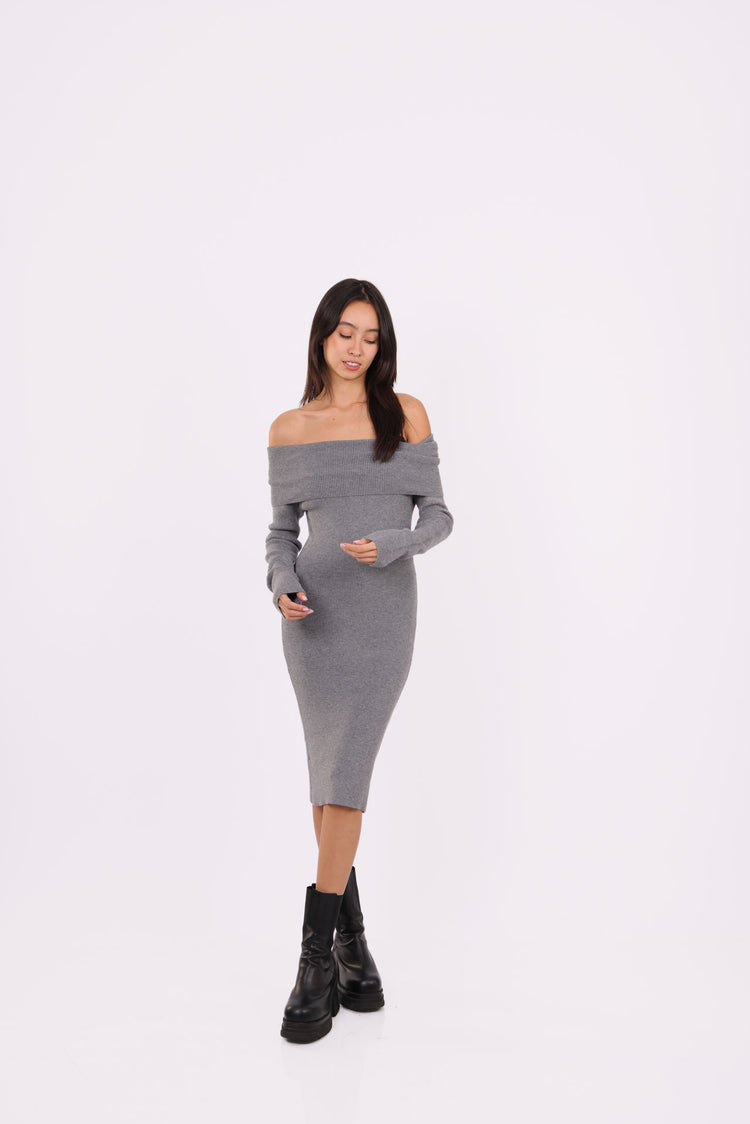 OFF-SHOULDER KNIT MIDI DRESS
