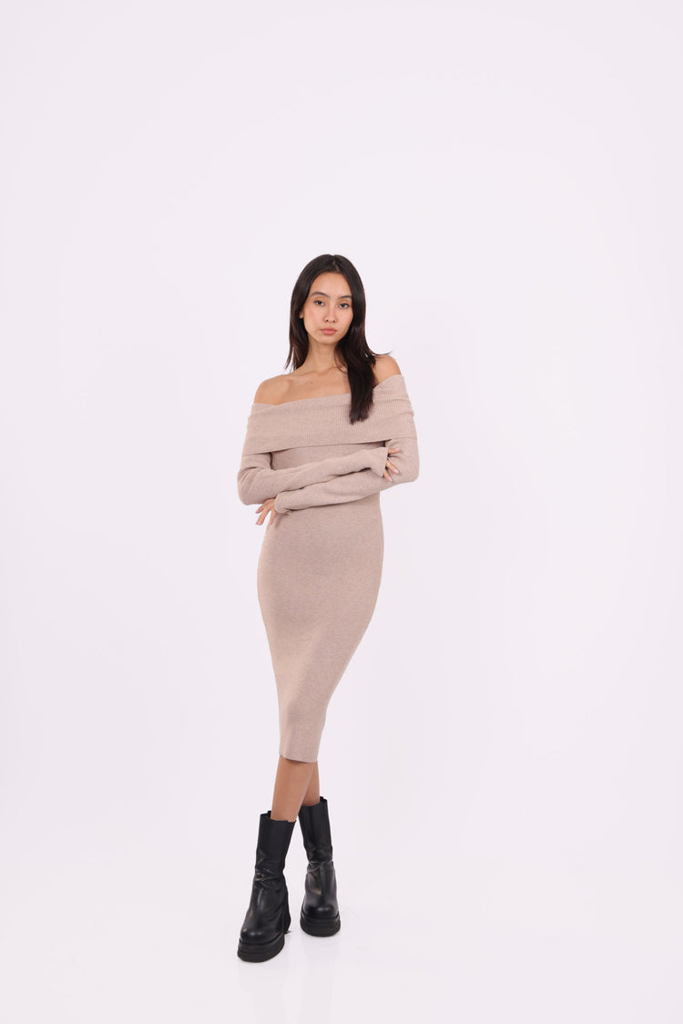 OFF-SHOULDER KNIT MIDI DRESS