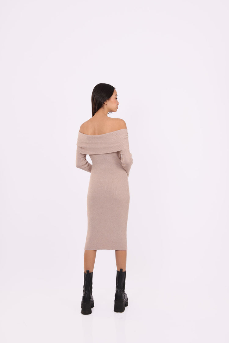 OFF-SHOULDER KNIT MIDI DRESS