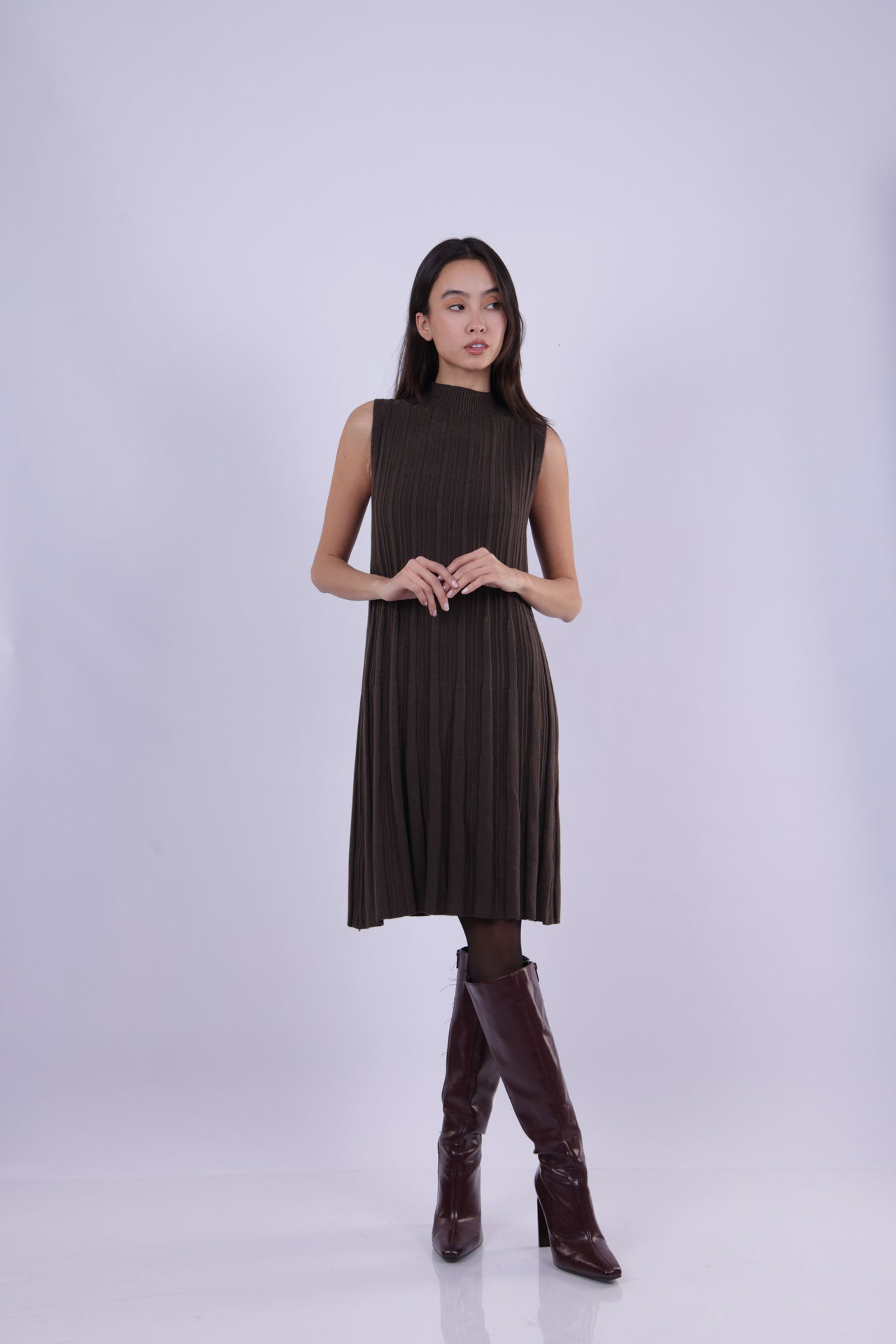 SLEEVELESS PLEATED RIBBED HIGH-NECK DRESS  Costello