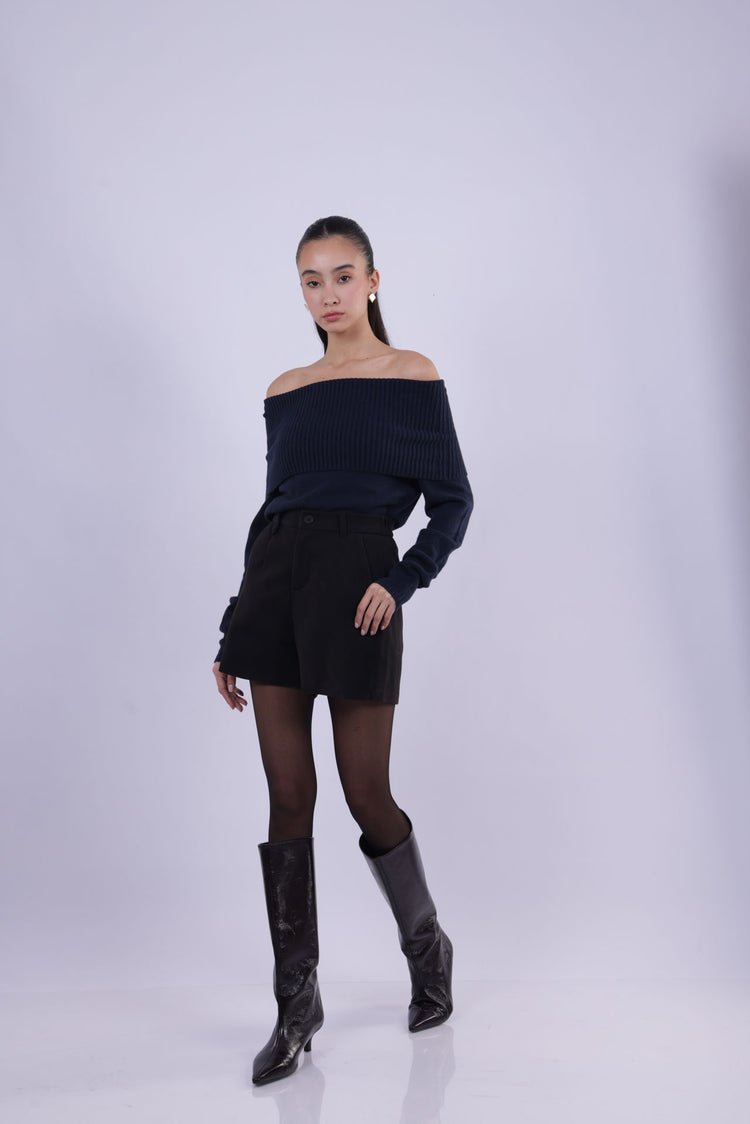 OFF-SHOULDER RIBBED KNIT TOP