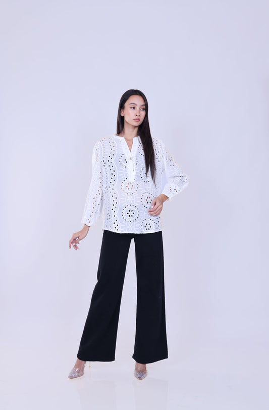 EMBROIDERED EYELET POPOVER BLOUSE