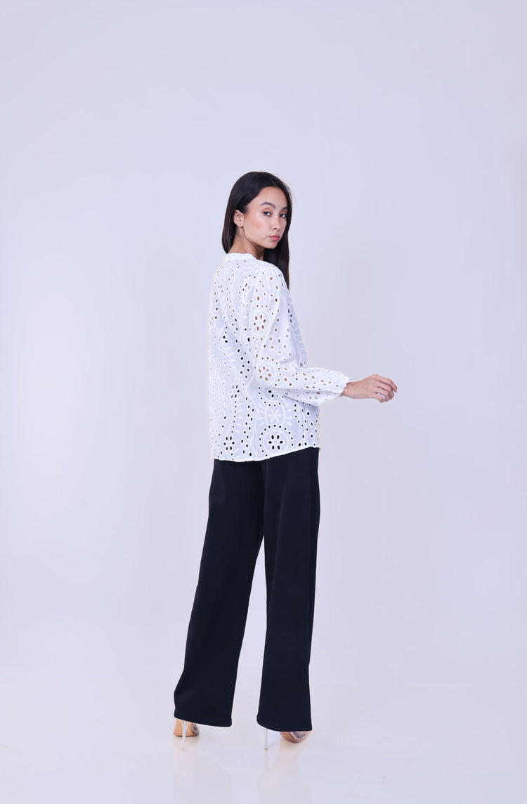 EMBROIDERED EYELET POPOVER BLOUSE
