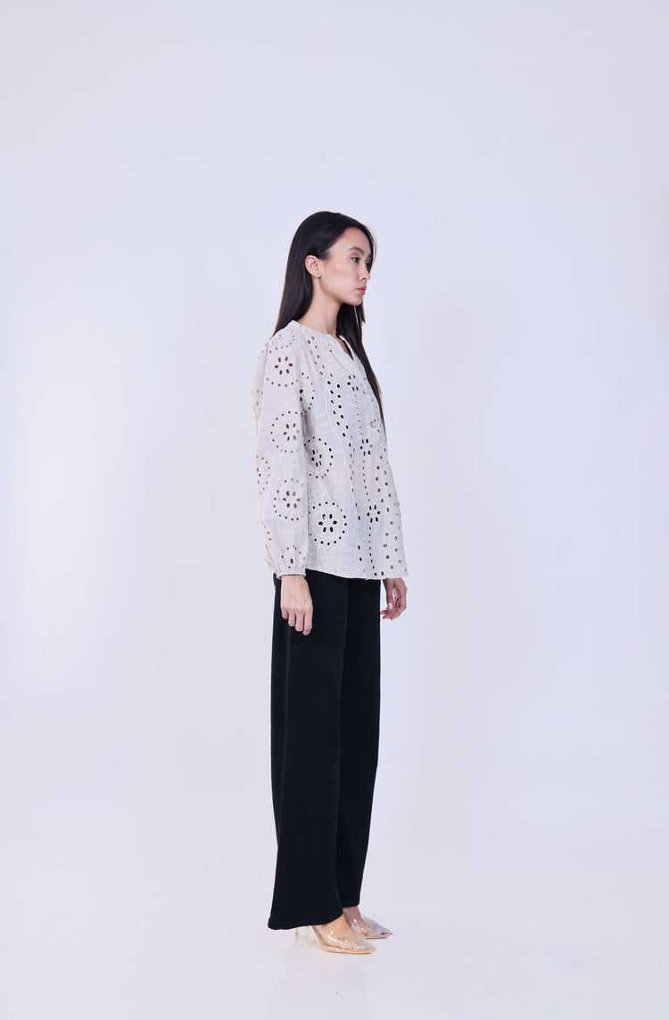 EMBROIDERED EYELET POPOVER BLOUSE