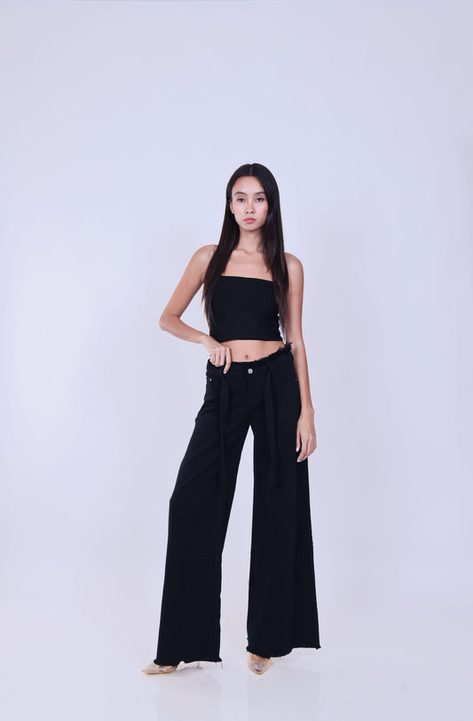 HIGH-WAISTED WIDE-LEG RAW HEM JEANS WITH BELT