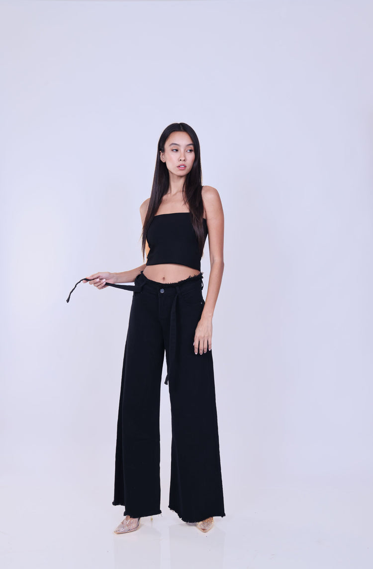 HIGH-WAISTED WIDE-LEG RAW HEM JEANS WITH BELT
