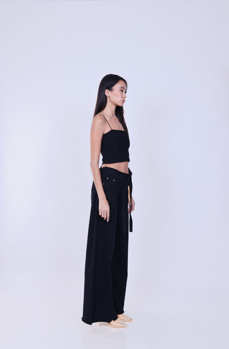 HIGH-WAISTED WIDE-LEG RAW HEM JEANS WITH BELT