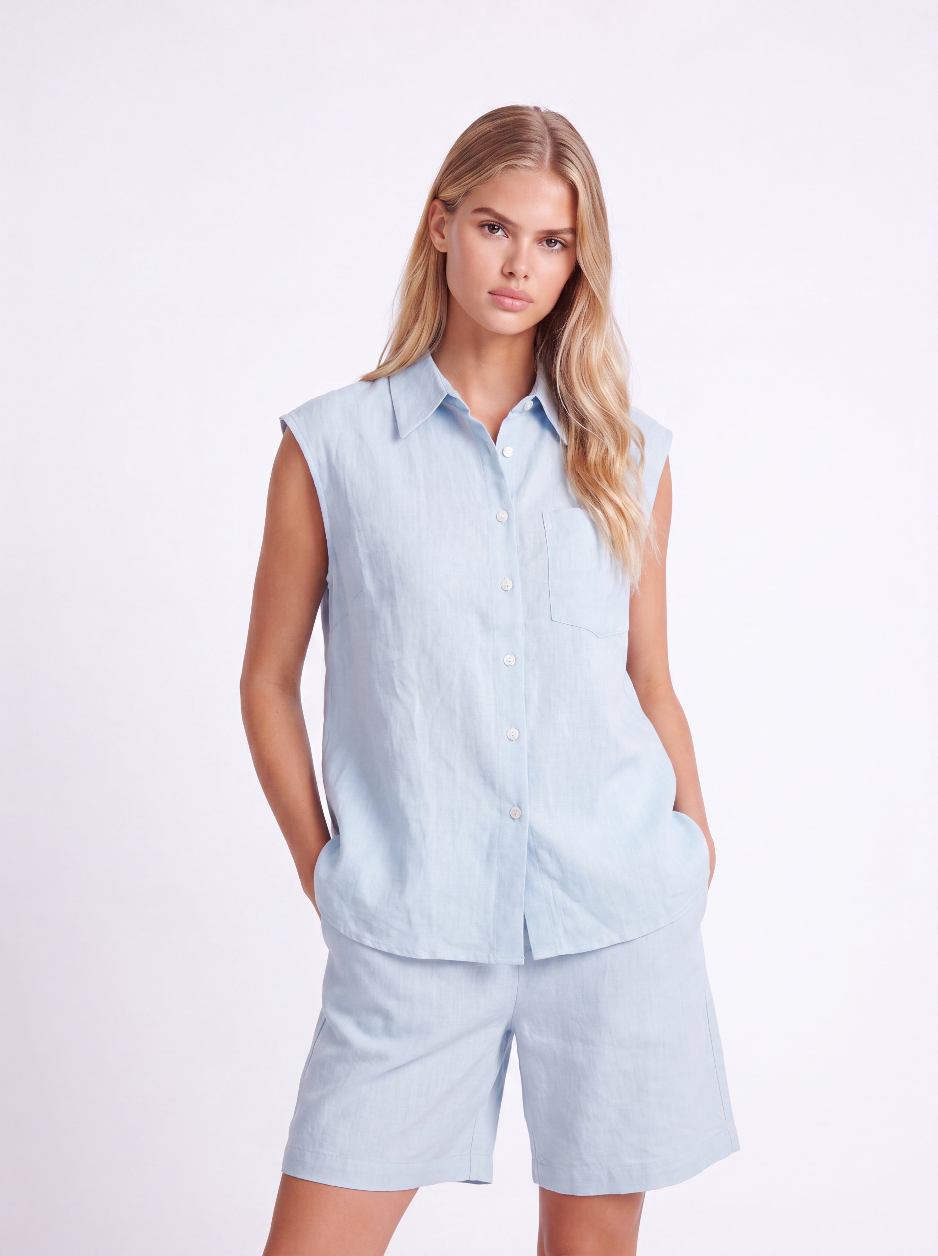 SLEEVELESS LINEN SHIRT