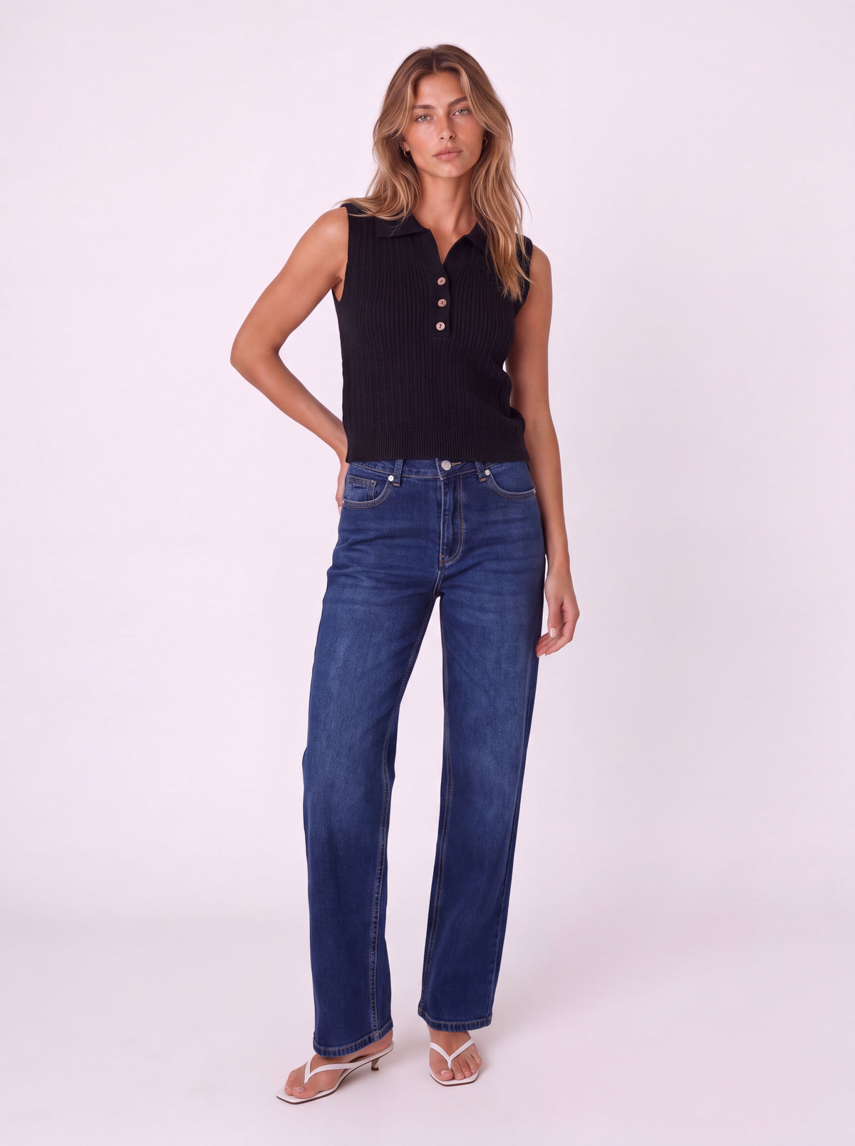 SLEEVELESS CABLE KNIT POLO TOP WITH BUTTON FRONT