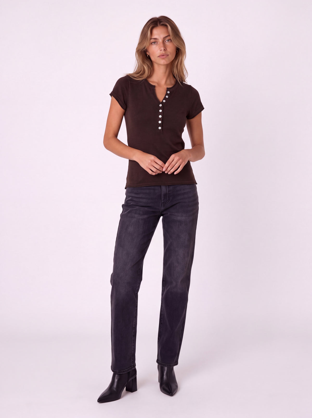 SHORT SLEEVE BUTTON FRONT HENLEY TOP