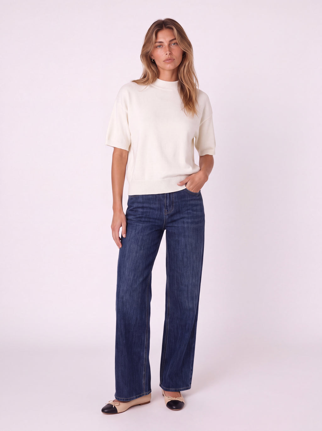 MOCK-NECK SHORT-SLEEVE KNIT TOP