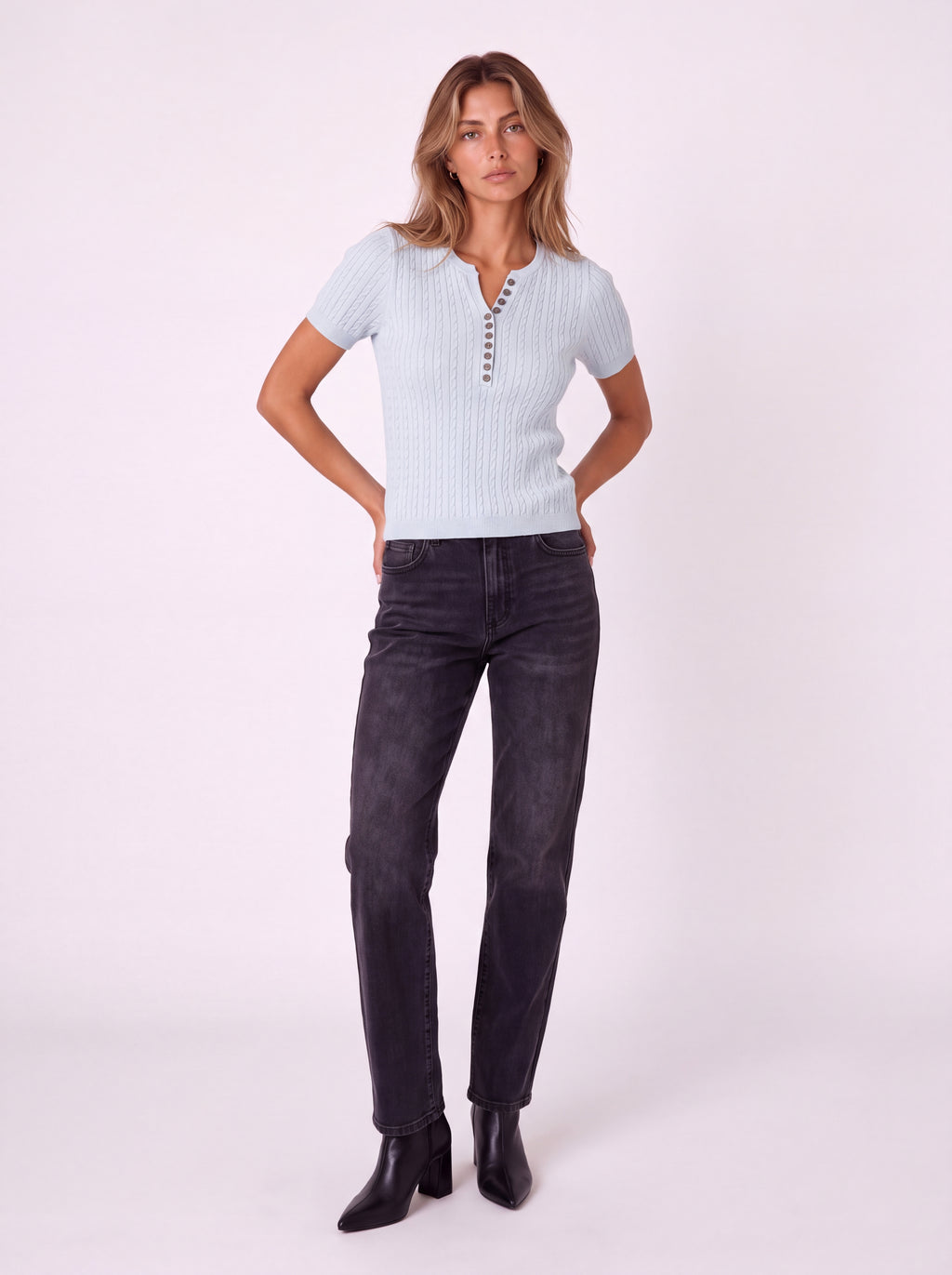 SHORT SLEEVE CABLE KNIT BUTTON FRONT HENLEY TOP