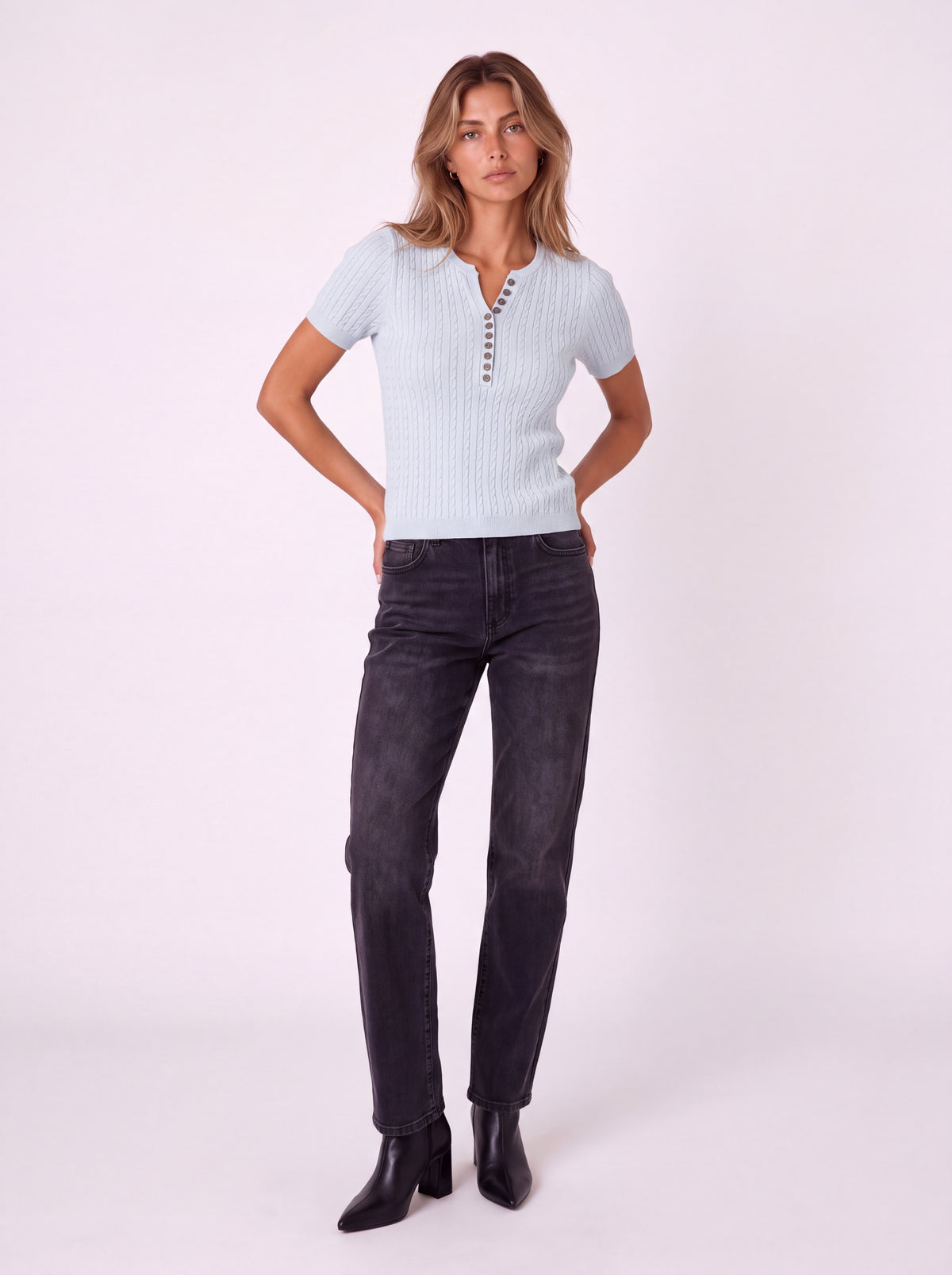 SHORT SLEEVE CABLE KNIT BUTTON FRONT HENLEY TOP
