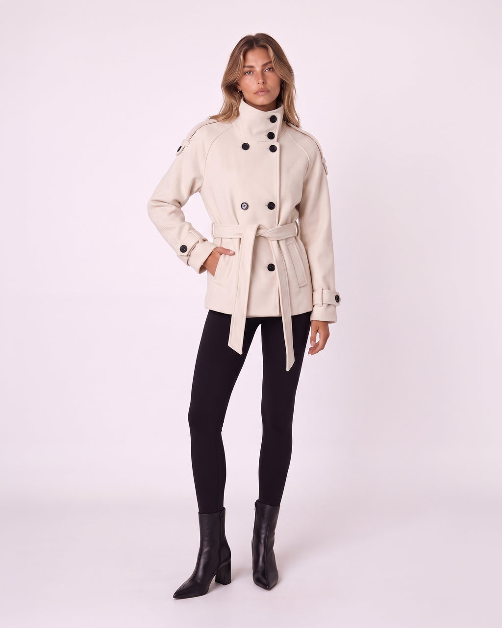 DOUBLE-BREASTED BELTED WOOL COAT
