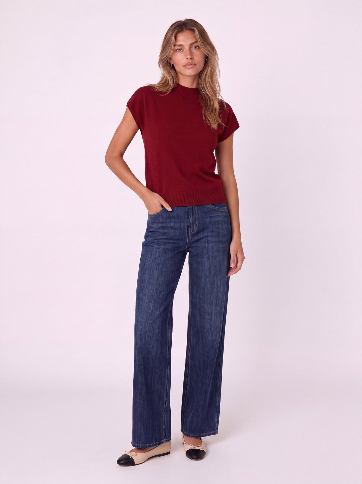 MOCK-NECK CAP-SLEEVE KNIT TOP