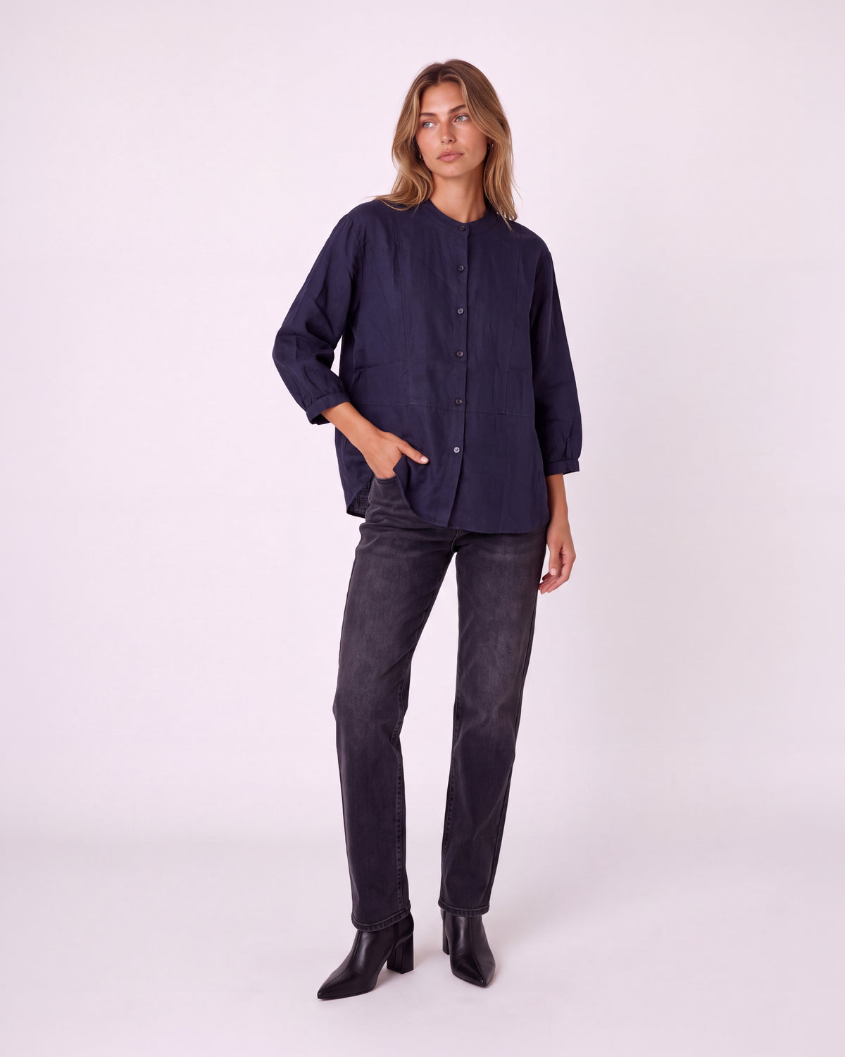 MANDARIN COLLAR BUTTON-FRONT LONG SLEEVE PEPLUM BLOUSE