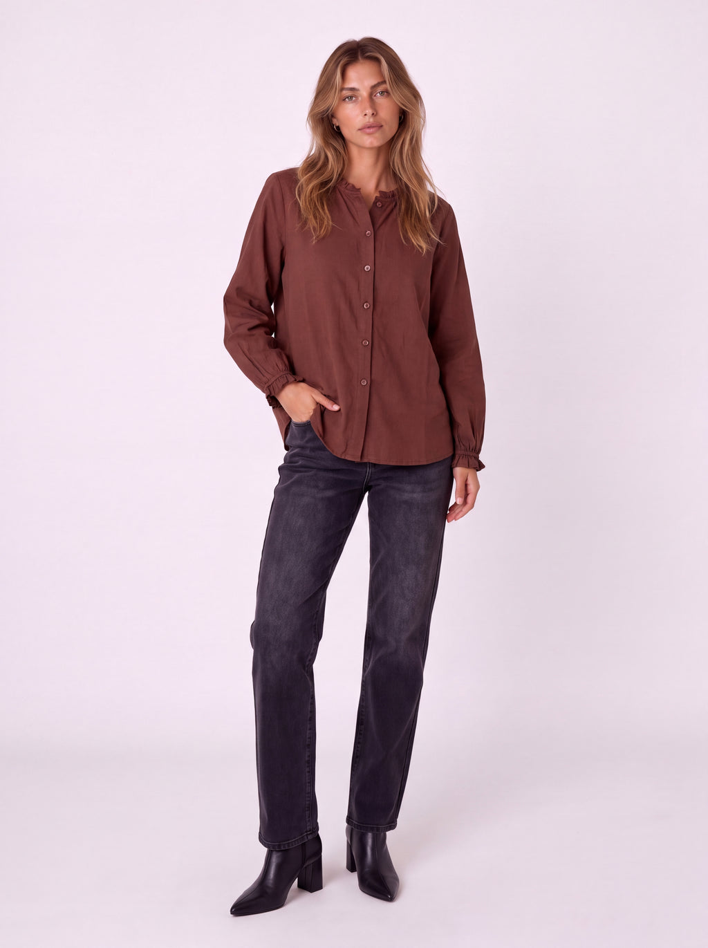 BUTTON FRONT BLOUSE WITH PUFF SLEEVES AND RUFFLE DETAILS