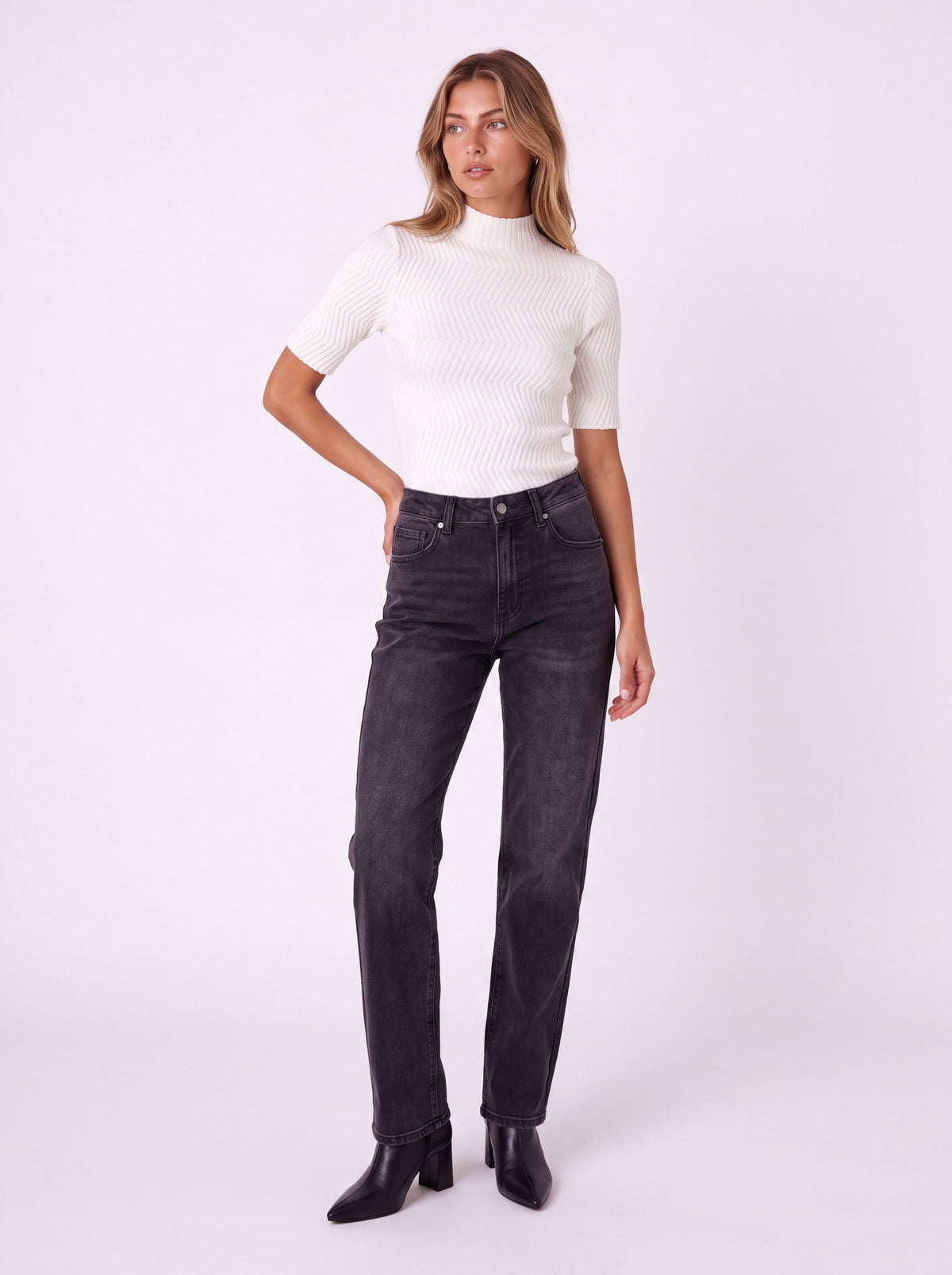 MOCK NECK SHORT SLEEVE TEXTURED RIBBED KNIT TOP