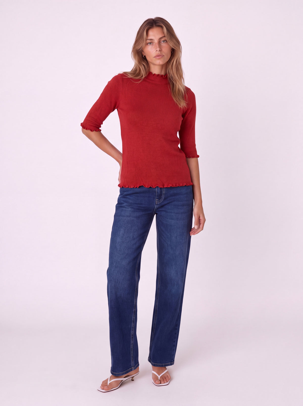 RIBBED MOCK NECK TOP WITH LETTUCE TRIM