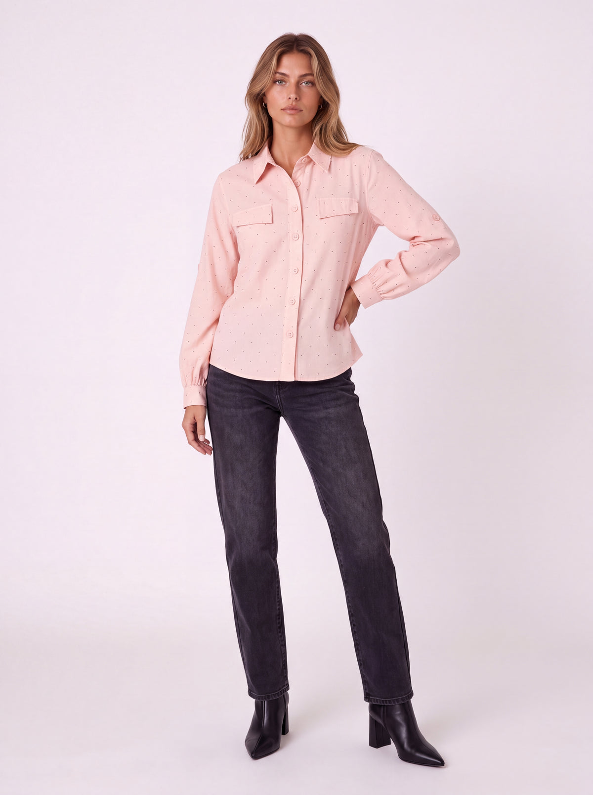 POLKA DOT BUTTON-FRONT LONG SLEEVE SHIRT