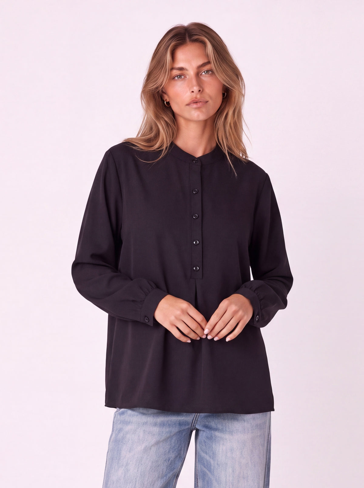 MANDARIN COLLAR BUTTON-FRONT BLOUSE