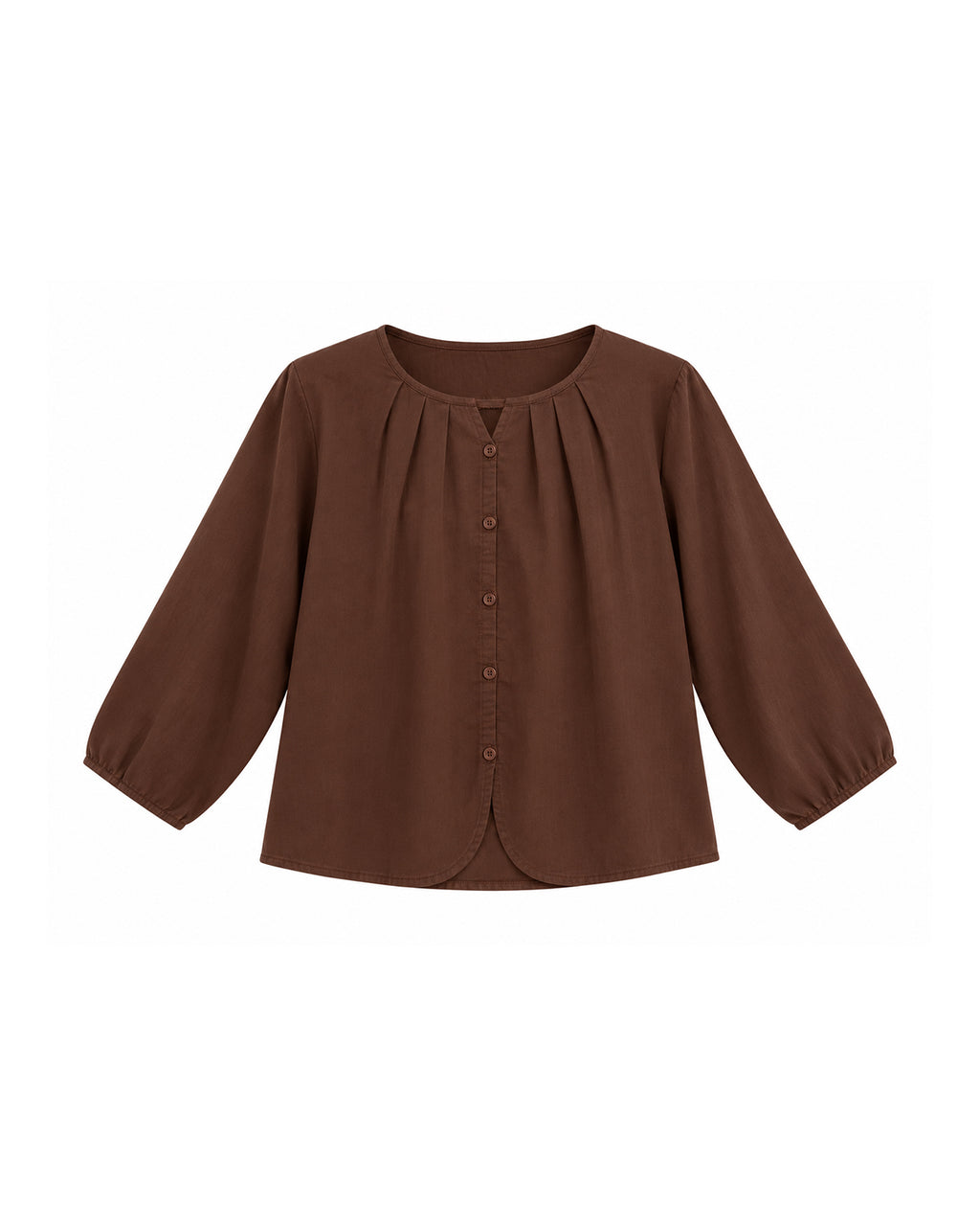 GATHERED NECK BUTTON-FRONT LONG SLEEVE BLOUSE