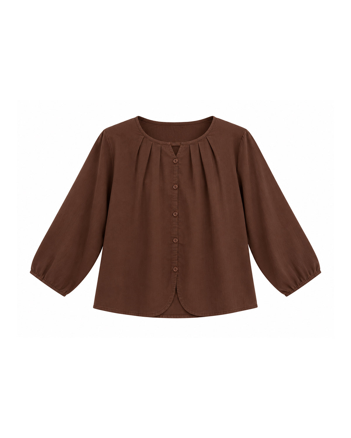 GATHERED NECK BUTTON-FRONT LONG SLEEVE BLOUSE