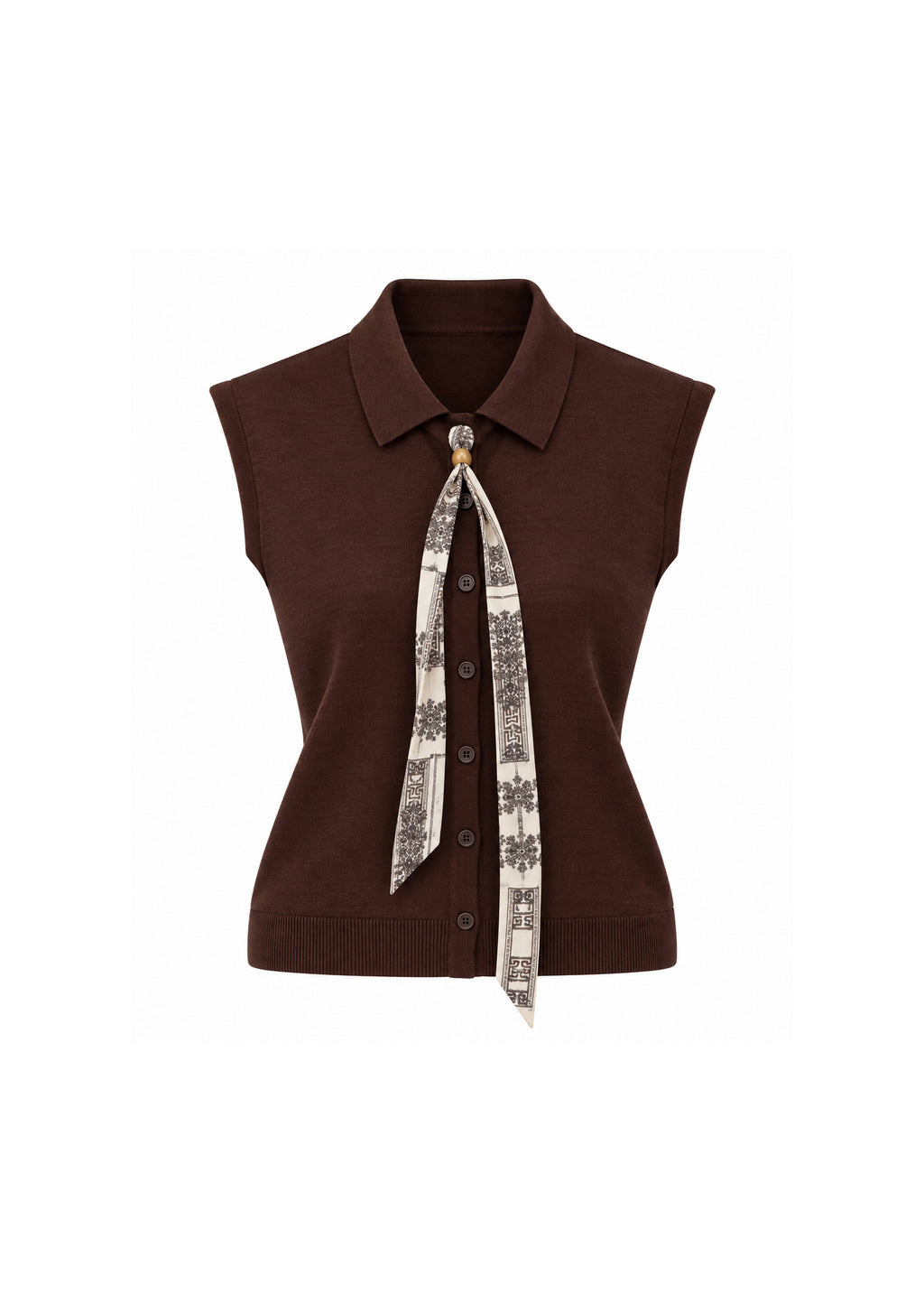 IVORY COLLARED BUTTON-FRONT SLEEVELESS KNIT TOP WITH PRINTED SCARF