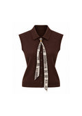 IVORY COLLARED BUTTON-FRONT SLEEVELESS KNIT TOP WITH PRINTED SCARF