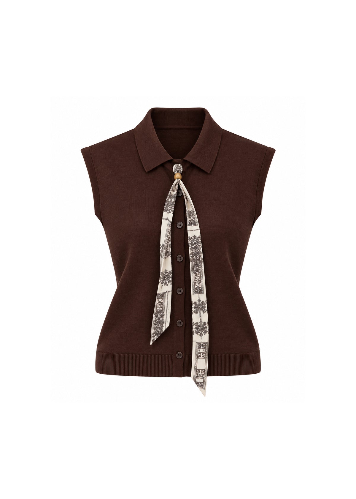 IVORY COLLARED BUTTON-FRONT SLEEVELESS KNIT TOP WITH PRINTED SCARF