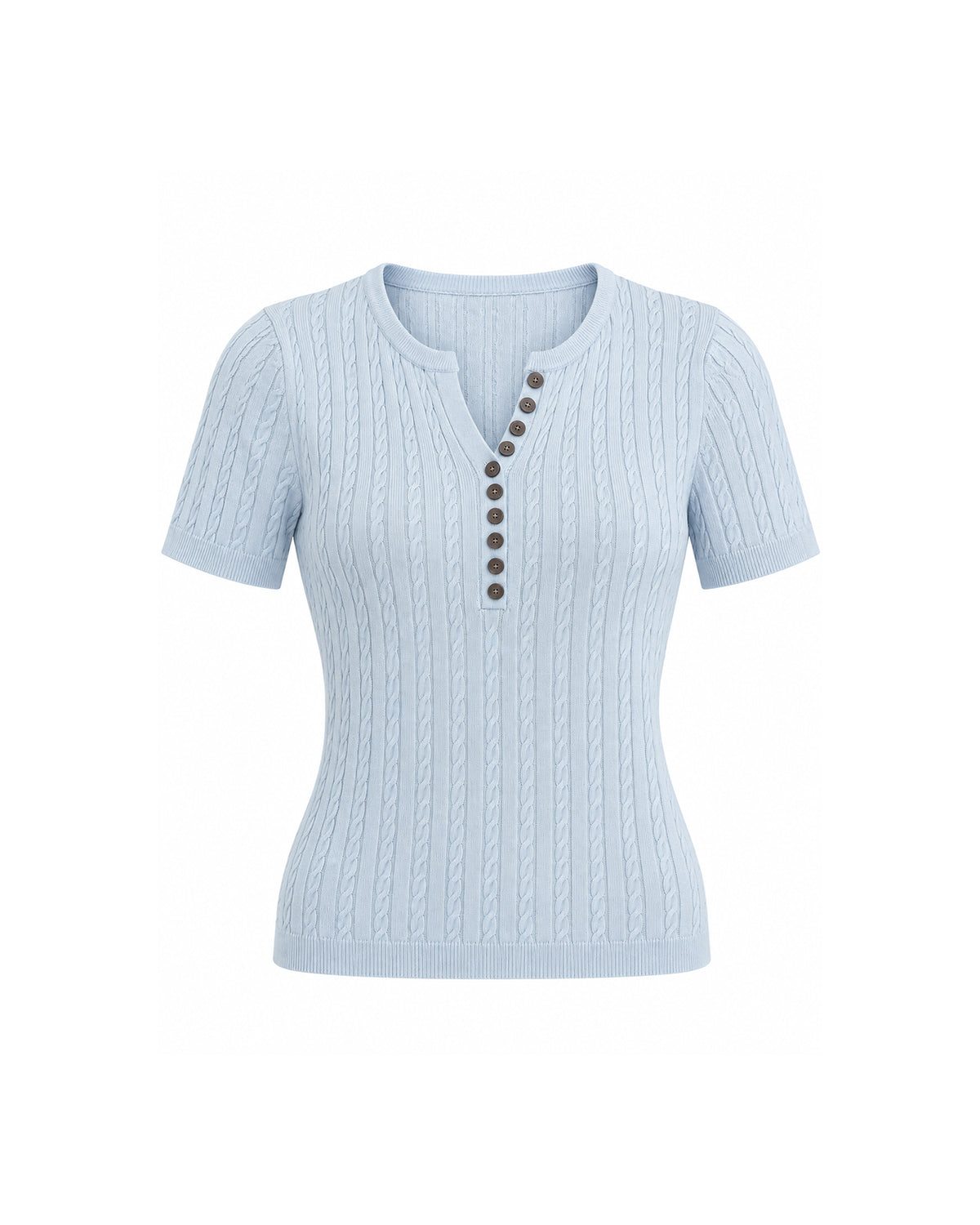SHORT SLEEVE CABLE KNIT BUTTON FRONT HENLEY TOP