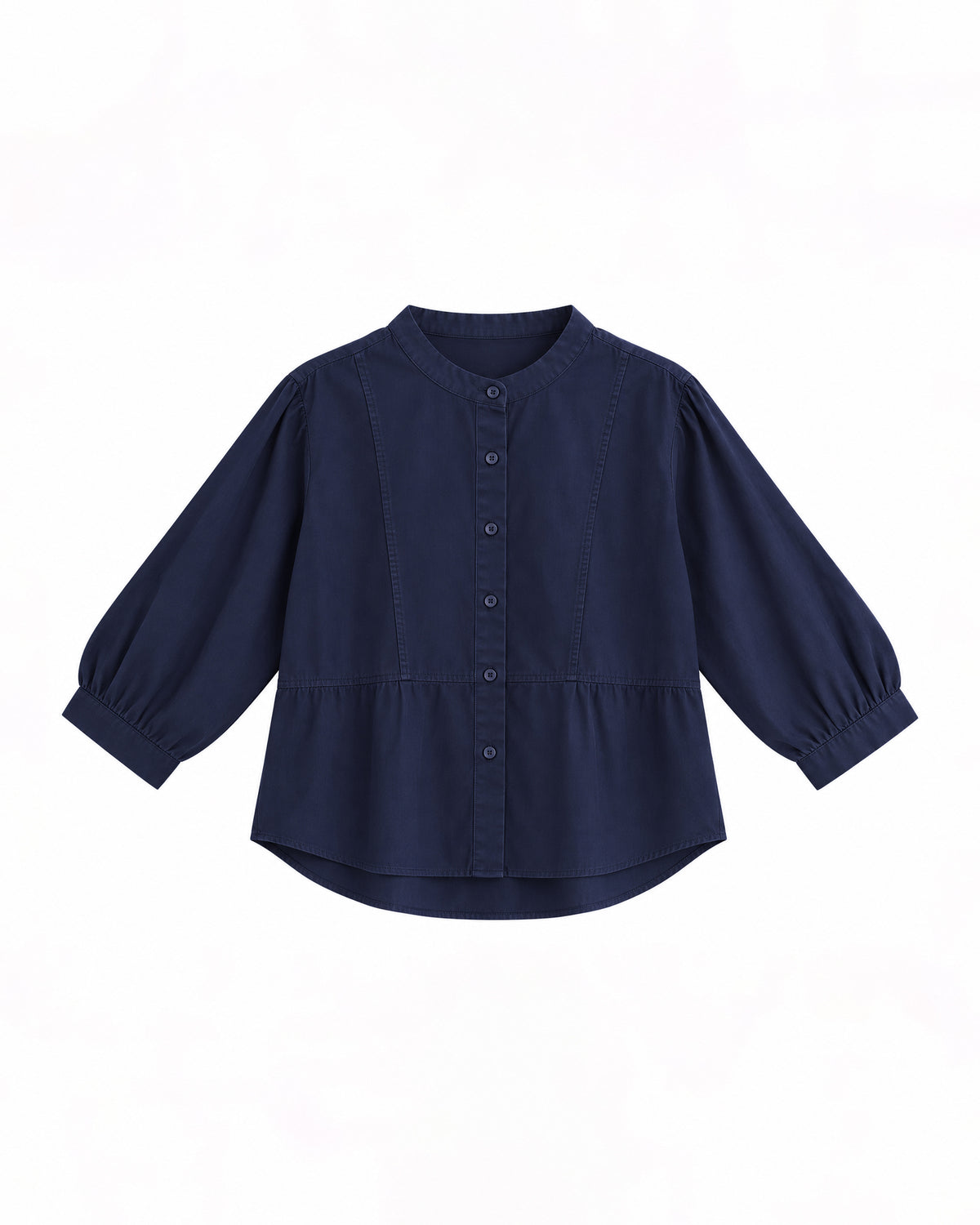 MANDARIN COLLAR BUTTON-FRONT LONG SLEEVE PEPLUM BLOUSE