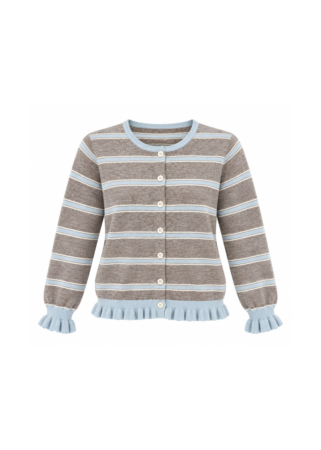 STRIPED BUTTON-FRONT KNIT CARDIGAN WITH RUFFLE TRIM