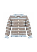 STRIPED BUTTON-FRONT KNIT CARDIGAN WITH RUFFLE TRIM
