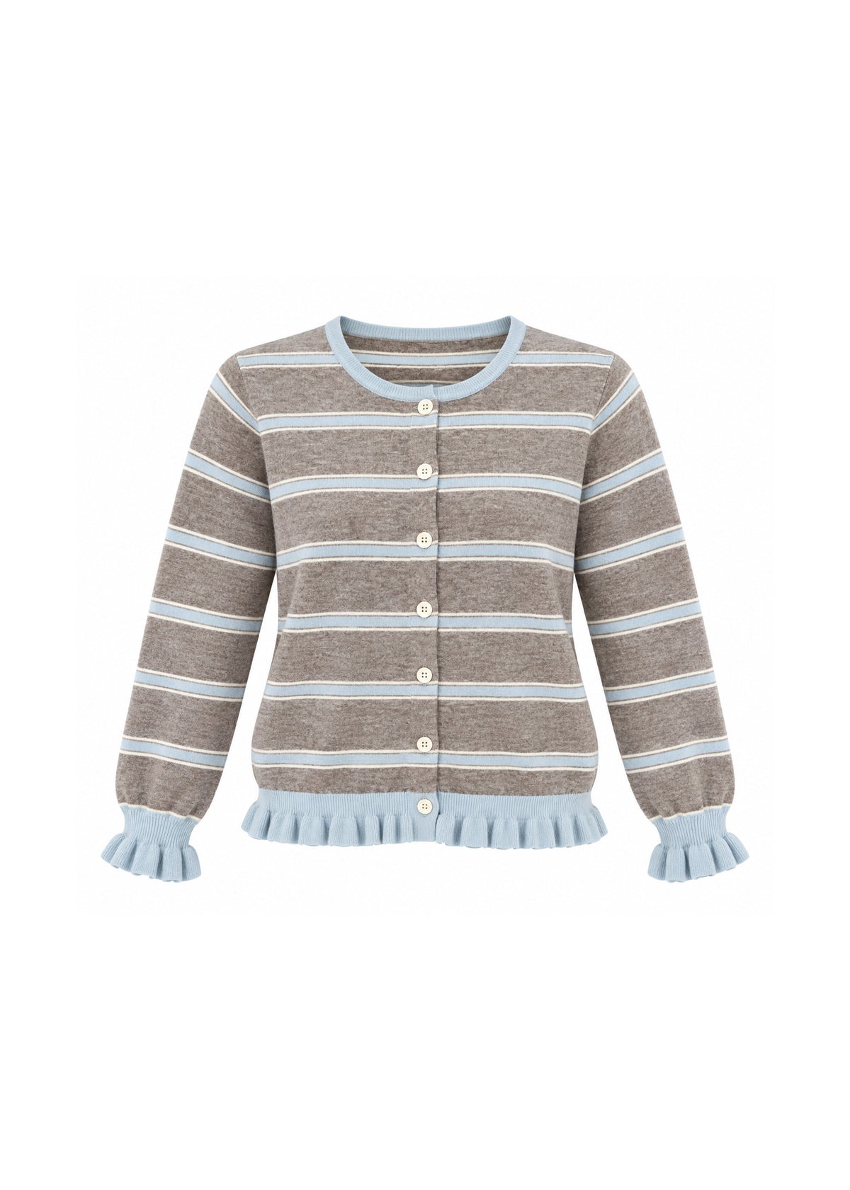 STRIPED BUTTON-FRONT KNIT CARDIGAN WITH RUFFLE TRIM