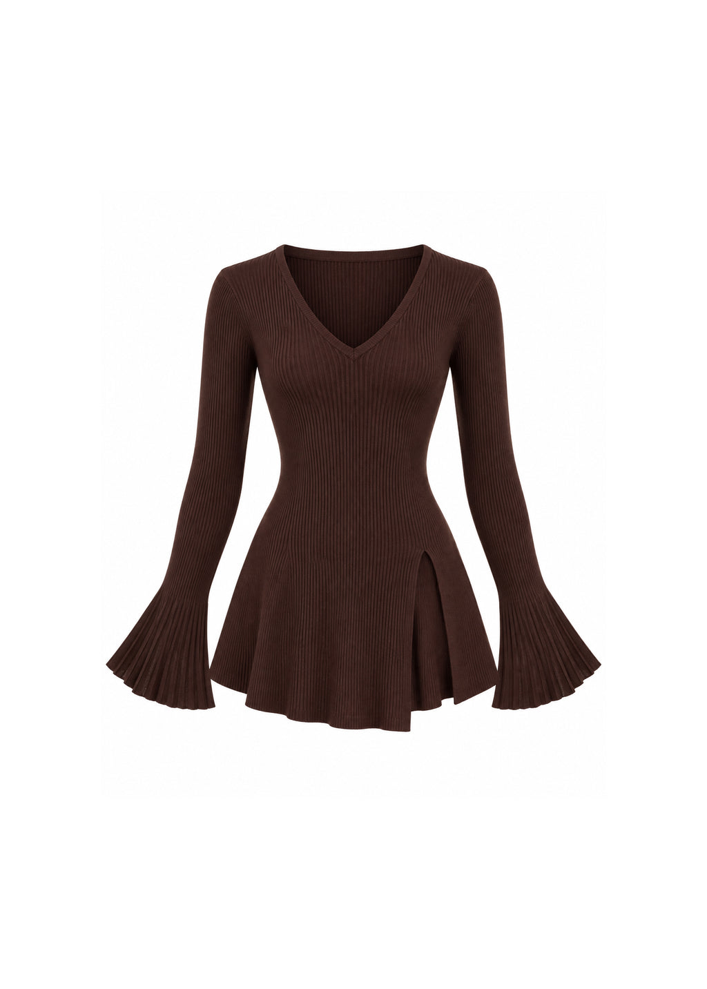 V-NECK RIBBED KNIT PEPLUM TOP WITH FLARED SLEEVES