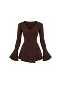 V-NECK RIBBED KNIT PEPLUM TOP WITH FLARED SLEEVES