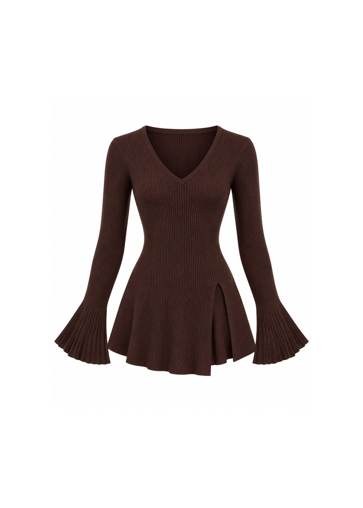 V-NECK RIBBED KNIT PEPLUM TOP WITH FLARED SLEEVES