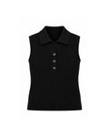 SLEEVELESS CABLE KNIT POLO TOP WITH BUTTON FRONT