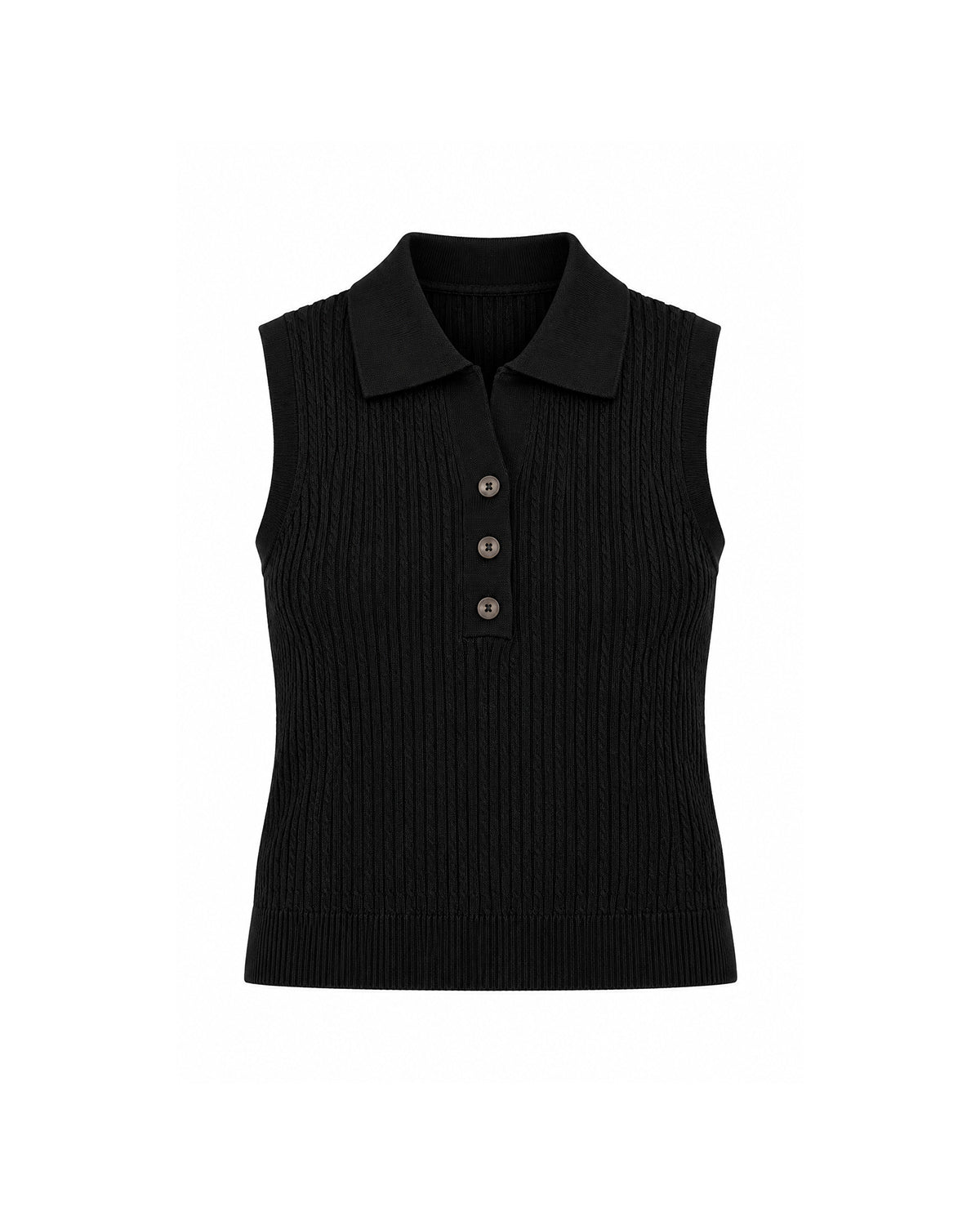 SLEEVELESS CABLE KNIT POLO TOP WITH BUTTON FRONT