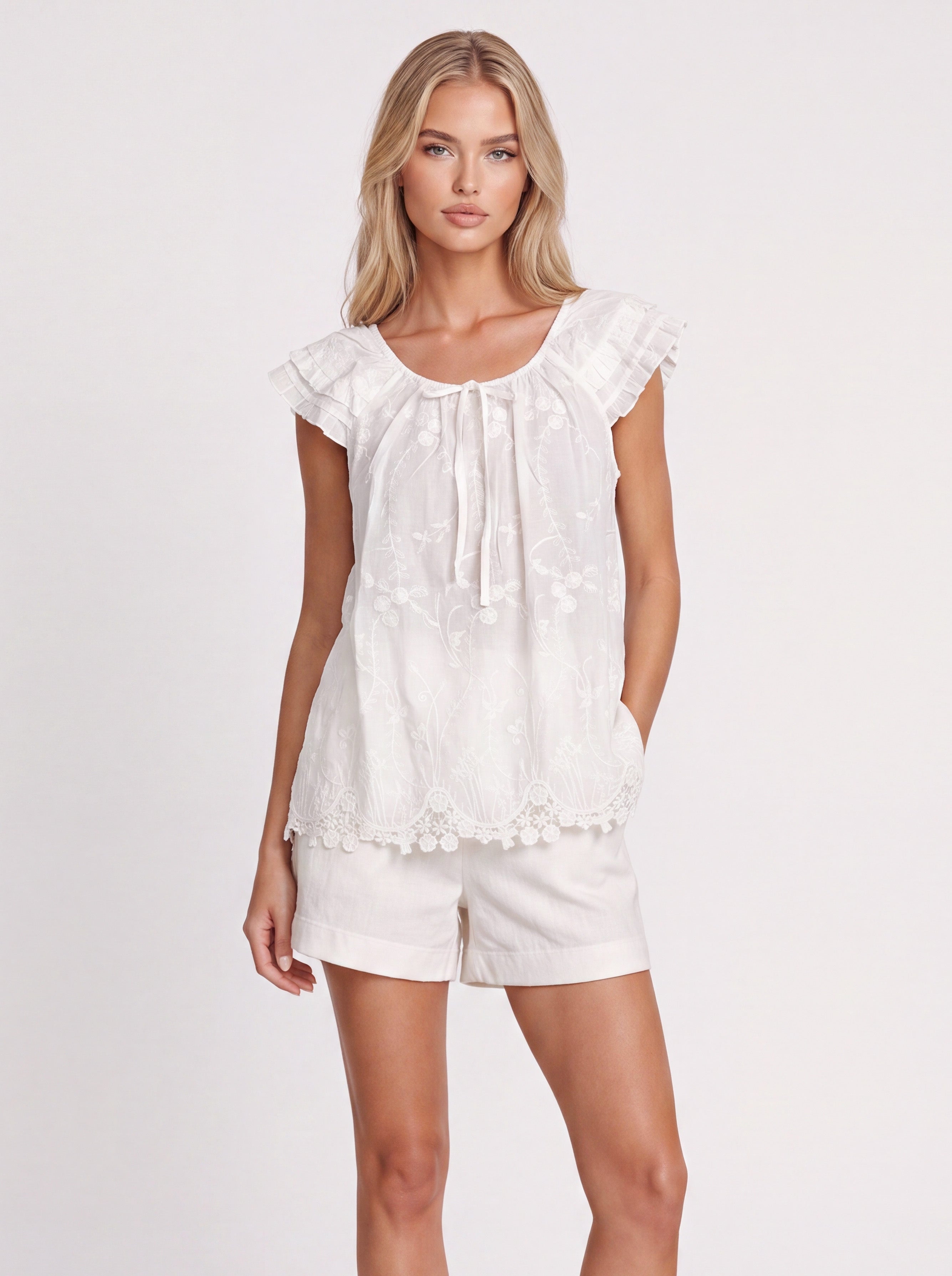 LACE TRIM RUFFLE BLOUSE