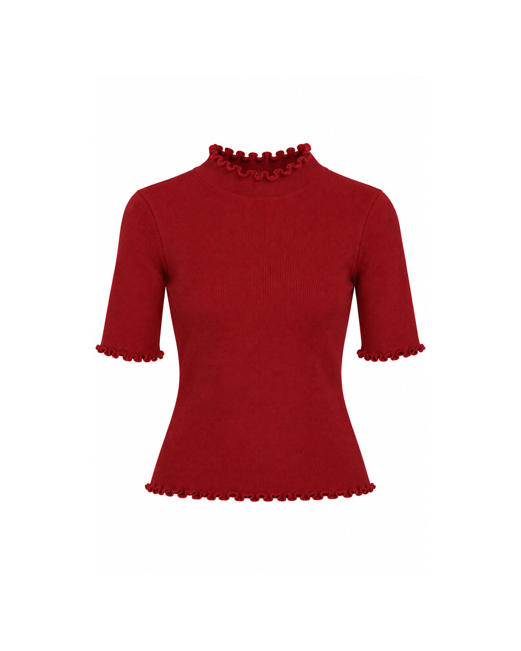 RIBBED MOCK NECK TOP WITH LETTUCE TRIM